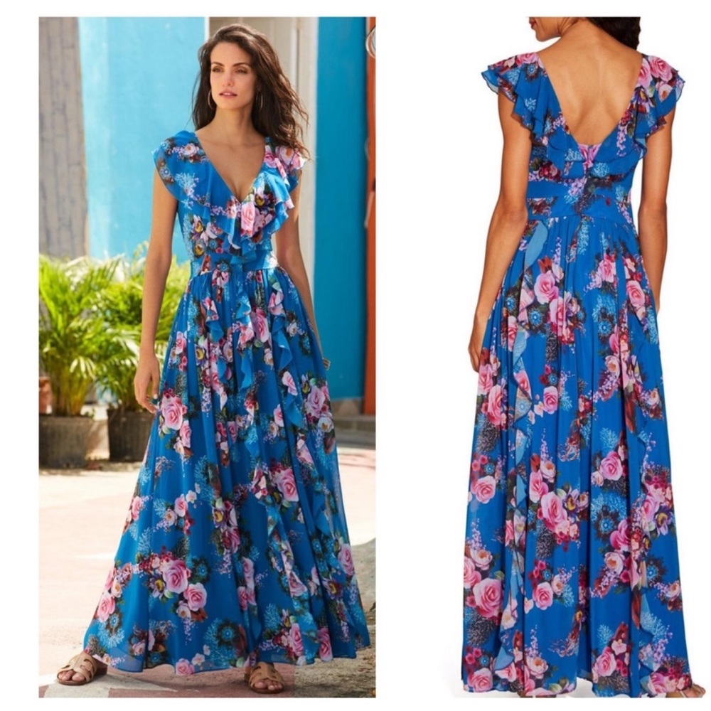 Boston Proper Floral Print Ruffle Maxi Dress Sleeveless A-Line Blue Pink Size 8